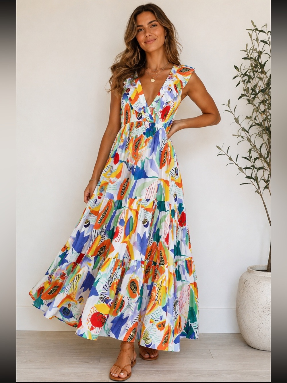 Oliphant  small Tropical  Print Ruffle V Neck Maxi Dress Resort Boho Vacation
